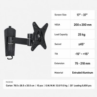 DMP Full Motion TV Wall Mount LCD2101 Braket Monitor Putar Miring Ekstensi VESA 200 X 200 mm Hitam