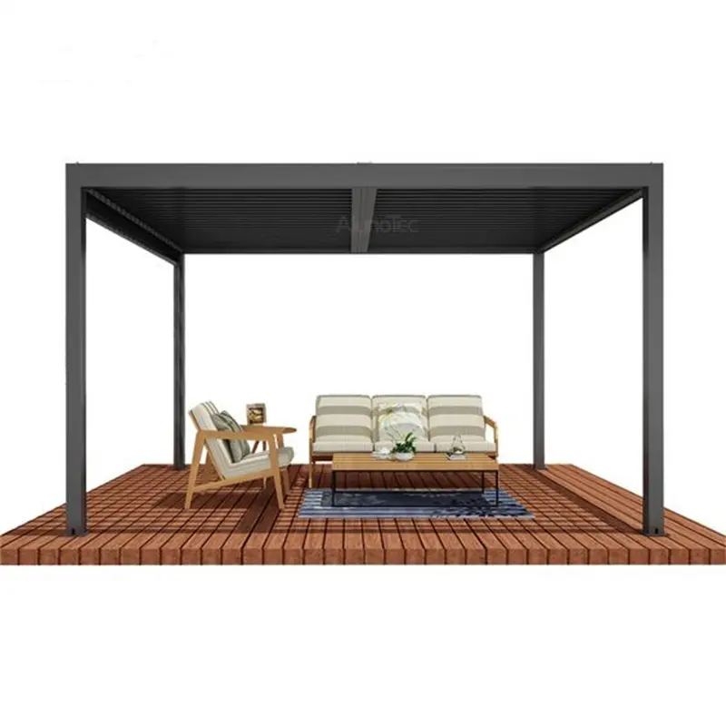 Venta al por mayor de aluminio pérgola Gazebo patio trasero exterior persiana pabellón motorizado casa de verano con persianas de metal para uso en el jardín