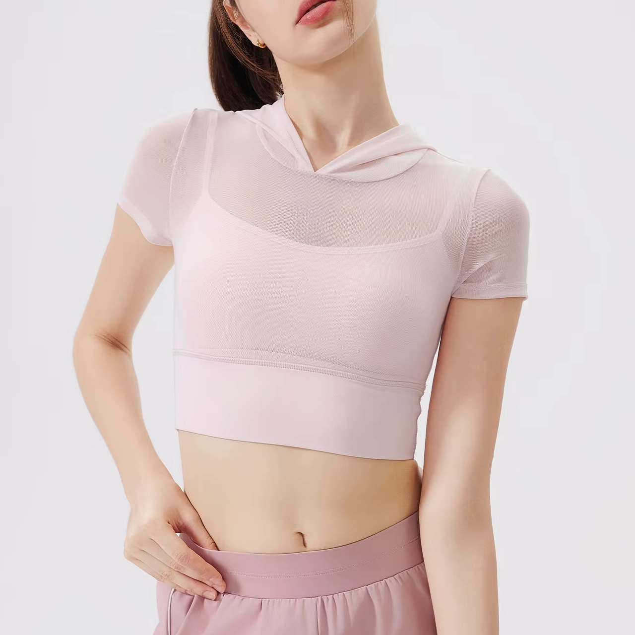 Hooded Mesh Yoga Wear Short Sleeve Crop Top with Pads Summer Breathable Running Quick-drying Sports Bra Fitness Wear Top