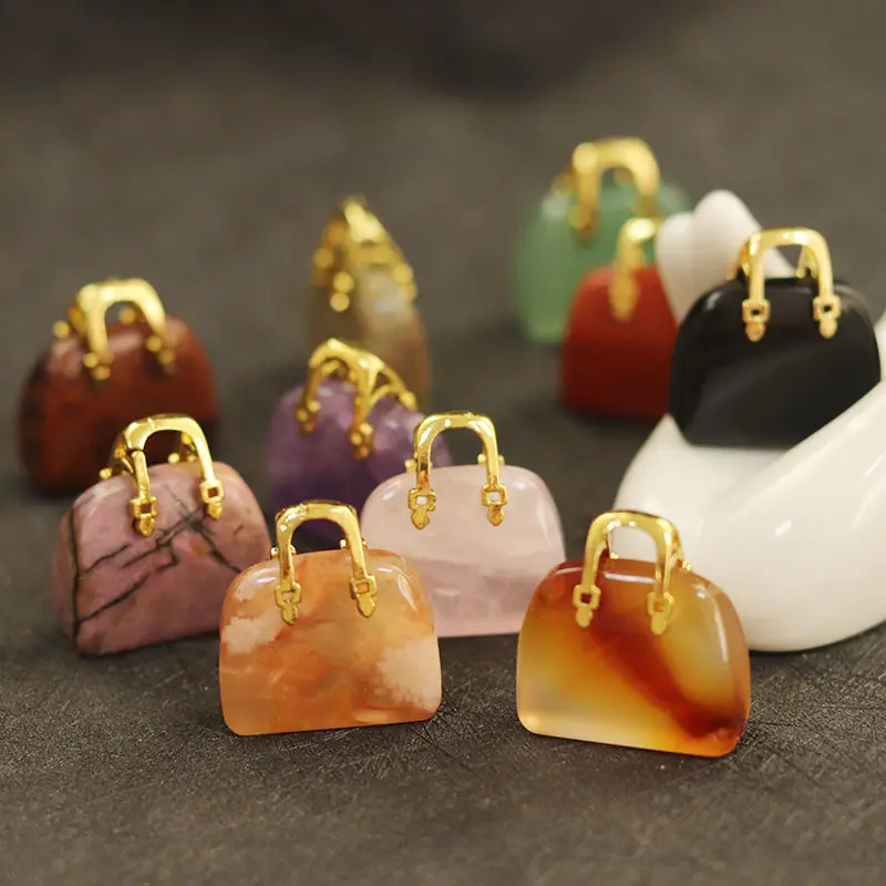Healing Crystals Mini Crystal Bags, Natural Gemstone Jade Bags Crystal Crafts for Souvenir