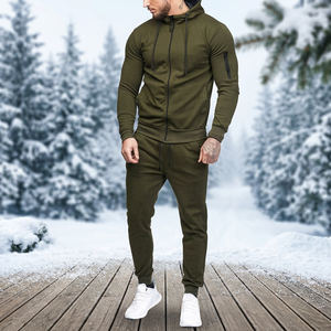 Men's Olive Green Hooded Tracksuit Full Sleeve Zipper Closure Solid Color Casual Winter Wear with Side Pockets Regular Fit - Product Image 1