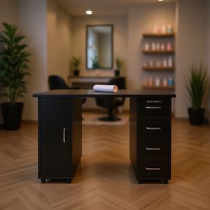 Mesa de manicura de doble filo con cajón y gabinete en madera negra de DB - Product Image 2