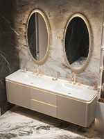 Lavabo double tout-en-un en chêne Cabinet de toilette Crème Air Salle de bain Vanity Rock Plate Hot Curved Combination Rocker Door