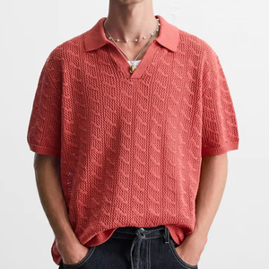 Haut à manches courtes en coton et lin mélangé pour hommes, tissage ouvert pour polo avec tissu tricoté texturé teint en fil, motif uni - Product Image 1