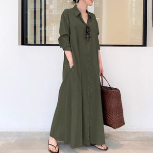 Robe <span class=keywords><strong>Tablier</strong></span> <span class=keywords><strong>Femme</strong></span> Haut de Gamme en Coton-Lin, Style Européen et Américain, Collection Automne, Couleur Unie, Longueur Ras du Sol, Loisirs, Stock d'Exportation Excédentaire - Product Image 3