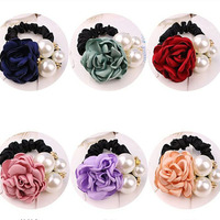 Satin Rose cheveux fleur chouchou Style coréen perle arc motif queue de cheval titulaires accessoires pour filles coiffure