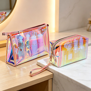 Wholesale Bulk Luxury Women's Travel Cosmetic <b>Bag</b> Low MOQ Custom Logo Holographic Zipper Fashionable Candy Portable TPU PVC - Product Image 1