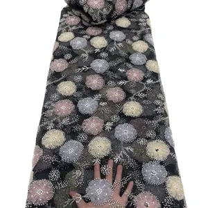 Tela de encaje de flores 3d chiffon flower shiny sequin glitter tulle lace fabric custom organza flowers sequin lace fabric