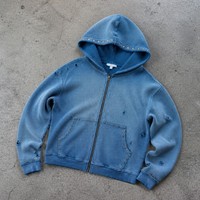 Nouveau sweat à capuche zippé en maille gaufrée délavée dégradée style vintage avec clous métalliques et trous usés pour homme, streetwear