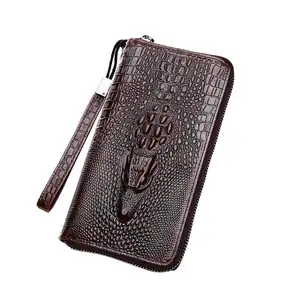 Dujiang Men's Luxury Travel Wallet Vintage Style with Genuine Leather Polyester Lining Long Alligator Pattern Cellphone Wallet