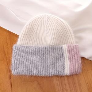 High Quality Knitted Beanie Hat Children's Adults Rabbit Hair Thickened Two Color Warm <b>Winter</b> <b>Caps</b> for Women - Product Image 4