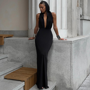 wedding guest dress formal summer Black Knitted Hooded Long Dress – Venga Store