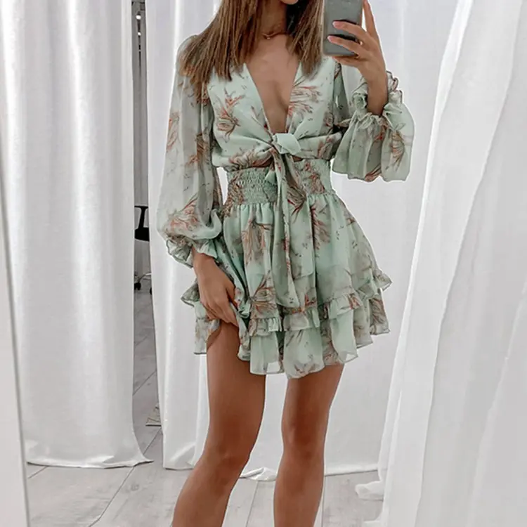 2022 Spring And Autumn Printed Waist V-neck Long-sleeved Ruffle Dress