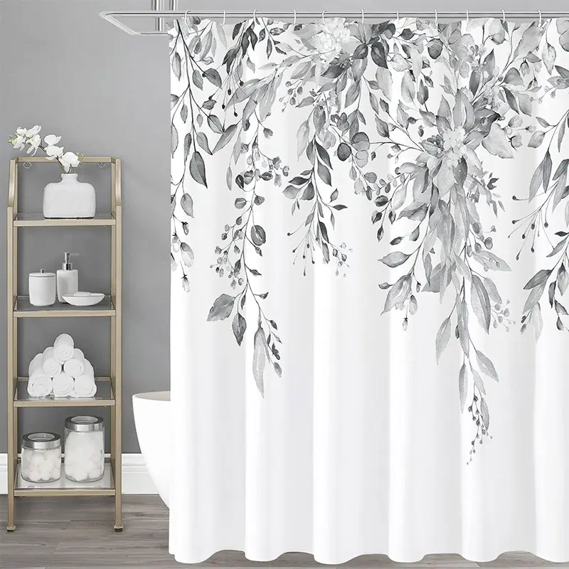 Customized Plant Leaves Washable Waterproof Fabric Polyester Shower Curtain Liner Shower Curtains with Hooks for Bathroom