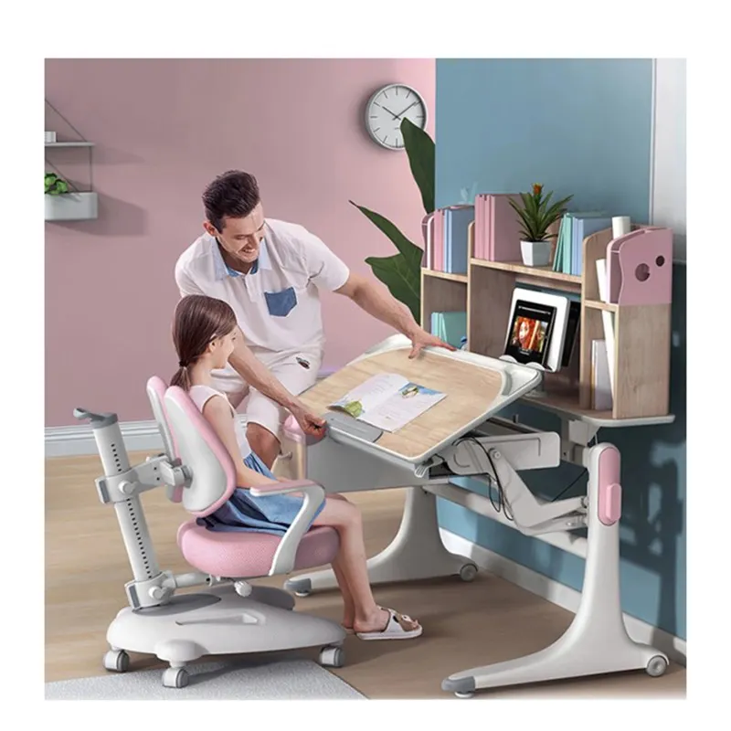 Çocuk mobilyası ayarlanabilir çalışma masası, çocuk mobilya setleri pembe renk çalışma masası ve sandalye seti/