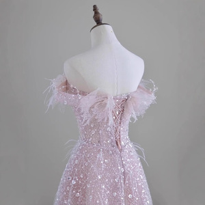 Pink Off The Shoulder Feather Evening Gown Empire Waist A Line Organza Dress For Bridal Engagement Party - Product Image 3