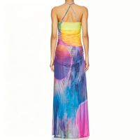 Robe longue moulante à col halter, motif arc-en-ciel, style bohème tendance Y2K, petite série 100 pièces MOQ, haute élasticité, pour soirée et club