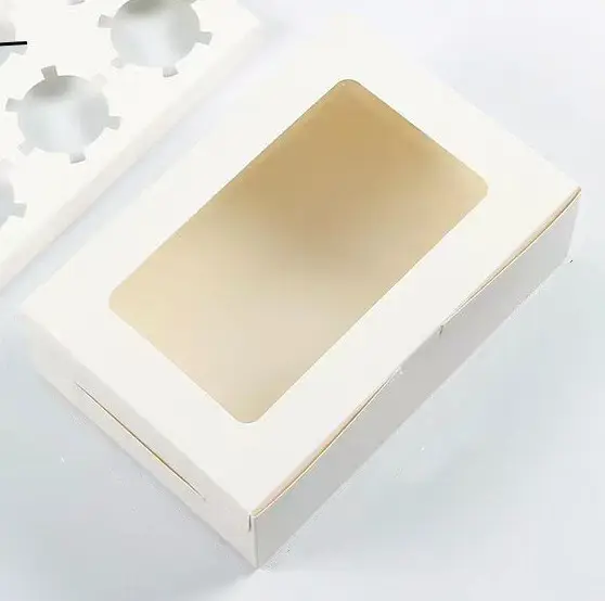 Индивидуальная оптовая продажа, белая картонная упаковочная коробка для кексов, хлебобулочных изделий, маленькая коробка для печенья, тортов, печенья с вставкой, прозрачная разделительная коробка