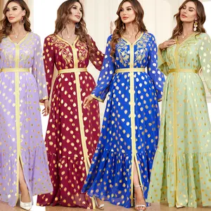 Malaysia Ramadan Jalabiya 4 Kleur V-Hals Lange Mouw Blauwe Eid Kaftan Arab Dubai Mode Jalabiya Voor Vrouwen