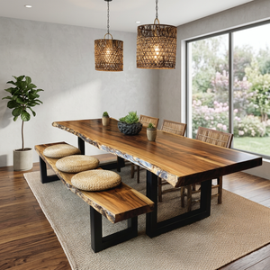 Suar Slab Wood Dining Table Set with <b>Bench</b> and Chairs Minimalist Modern Comfortable Design for Home Dining Room Furniture - Product Image 3