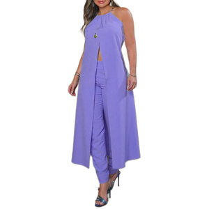 Ensemble haut ample sans manches uni dos nu et pantalon taille haute pour femme – Tendance - Product Image 1