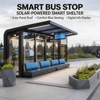 Abri de bus moderne en verre à énergie solaire, station d'arrêt de bus intelligente pour ville connectée avec toit à panneaux solaires et affichage numérique de l'heure d'arrivée du bus