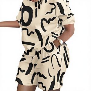 Moda estiva Casual camicia a maniche corte stampata <span class=keywords><strong>pantaloncini</strong></span> a vita alta 2 pezzi da <span class=keywords><strong>donna</strong></span> completi completi - Product Image 1