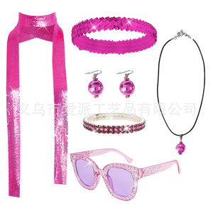 Disco Party Jewelry <b>Set</b> Pink Sequined Headband Scarf Necklace Earrings <b>Bracelet</b> Sunglasses Women's Fashion Accessory - Product Image 1
