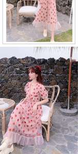 Abito stile coreano in garza alla <span class=keywords><strong>fragola</strong></span> da donna da ragazza estate dolce eleganza dolce manica corta a collo corto abito lungo Casual - Product Image 6