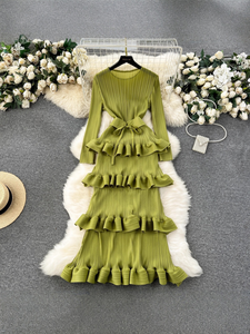 Abito Lungo da Sera <span class=keywords><strong>con</strong></span> Volant e Maniche Lunghe, Tessuto Solido, Vendita Calda del Produttore - Product Image 4