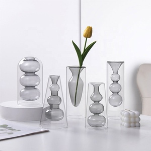 Vase en verre borosilicate à double paroi gris, motif bulles empilées, pour culture hydroponique, décoration de table, conteneur floral pour mariage - Product Image 1
