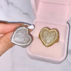 Hip Hop Iced Ra Bubbly Tim signet Vòng 14K 18K Vàng Mạ Zirconia Vòng Lớn Cho Nam Giới Bling Rapper Đồ Trang Sức