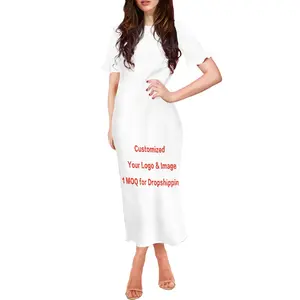 Özel 1MOQ artı boyutu Midi akşam elbise özel kendi tasarım Logo beyaz Crewneck fırfır kollu Casual Bodycon plaj elbiseleri
