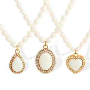 Collar con colgante en forma de corazón con ojo de tigre y cadena de perlas para mujer, joyería de fiesta, aleación de zinc, engaste pavé, accesorio de moda - Product Image 5