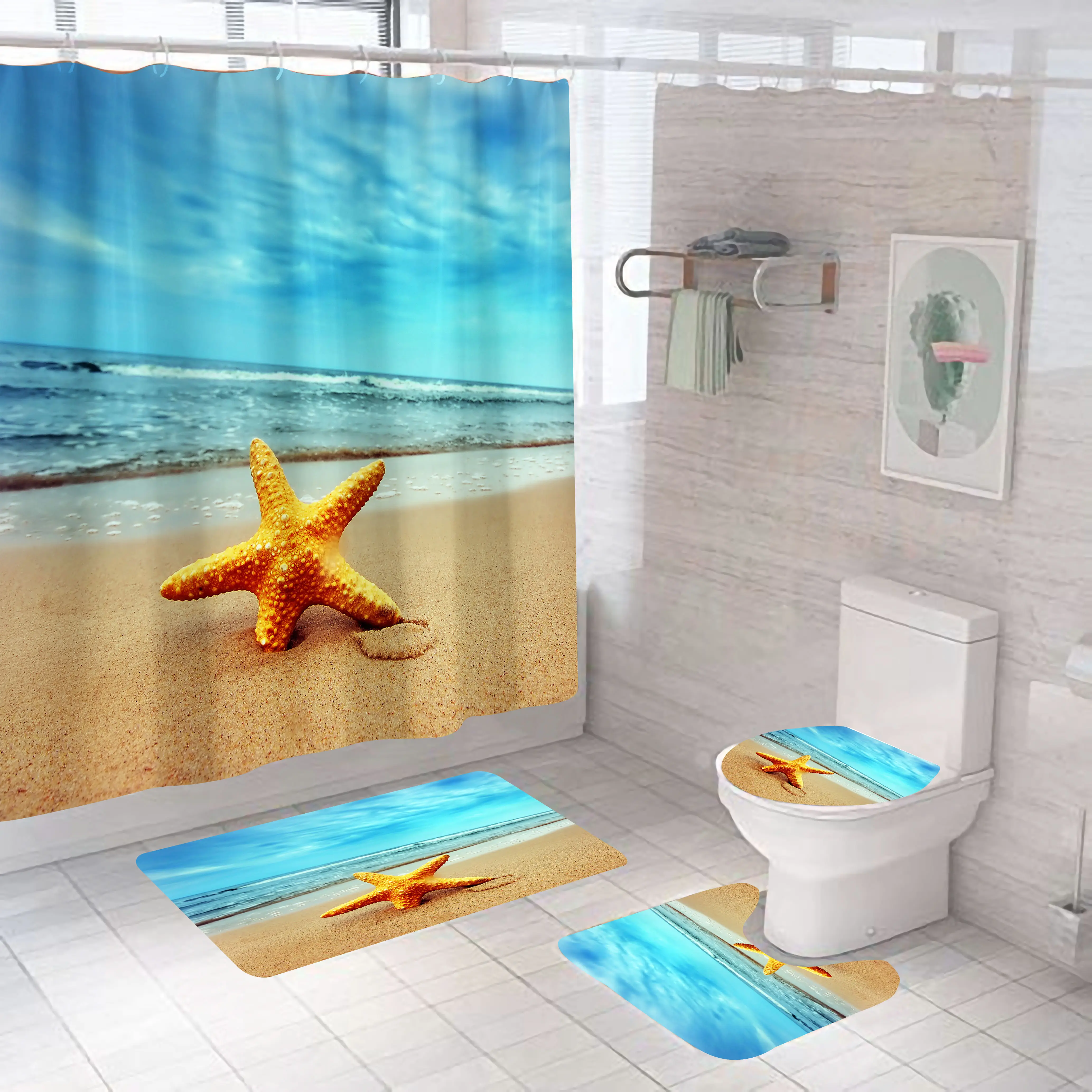 Hot Selling Beach Theme Bath Mat and Shower Curtains Bathroom Set Shwer Curains Set