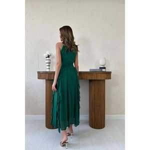 Robe en mousseline de soie vert émeraude sans bretelles, coupe trapèze, avec volants et superposition transparente, pour soirée - Product Image 6