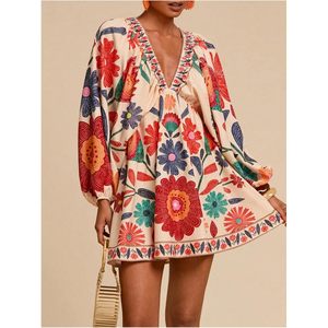FOXA Women's <b>Boho</b> Floral V Neck Mini Dress Bishop Sleeve Loose Fit Casual Summer Dress - Product Image 3