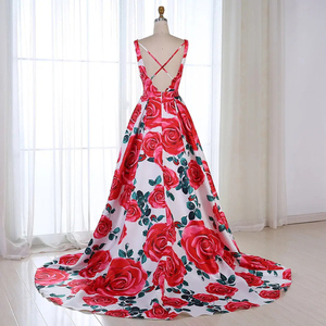 Ingrosso senza maniche lussuoso <span class=keywords><strong>Vintage</strong></span> elegante banchetto <span class=keywords><strong>rosso</strong></span> floreale senza spalline per feste in raso <span class=keywords><strong>abito</strong></span> da sera da donna abiti da ballo - Product Image 4