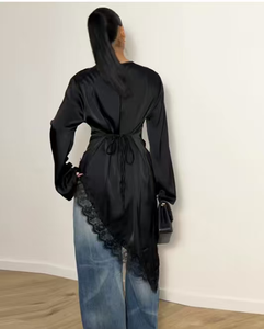 Zevity Blusa in <span class=keywords><strong>Raso</strong></span> Asimmetrica con Pizzo Sexy da Donna, Blusa Chic Ispirata a Dubai per Donne Musulmane, Abaya Islamica Modesta - Product Image 3