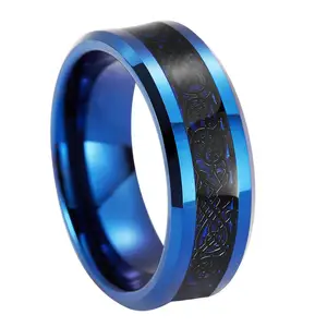 8MM Men's Titanium Ring Wedding Band IP Blue Plated Inlay Black Carbon Fiber Beveled Edge Rings For Men