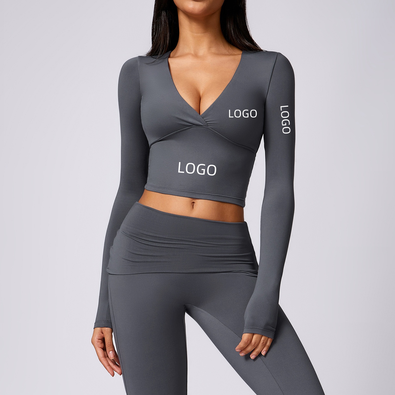 Stylish Deep V Pleated Yoga Top for Women Sexy Crop T-shirt with Long Sleeves Fitness Sportswear for Gym Running