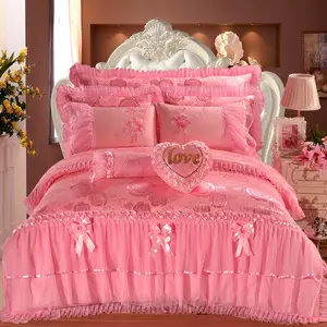 Korean style organic Cotton embroid Princess Lace Red Pink Bridal wedding Bed Set