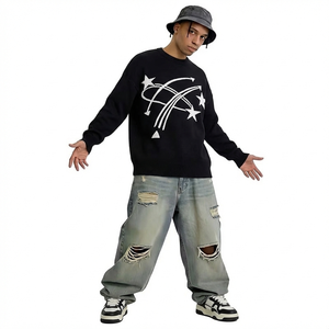 Fabricant de pulls en tricot lâche à col rond 100 % coton pour hommes, style streetwear, motif étoile, épaules tombantes, personnalisés OEM/ODM - Product Image 2