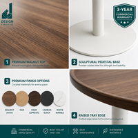 Table ronde moderne de luxe en bois grainé avec piétement unique en métal blanc, idéale pour bureau privé ou réception commerciale