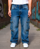 Jean cargo bleu délavé pour homme, coupe large, taille mi-haute, fermeture éclair, décontracté, avec plusieurs poches, personnalisable