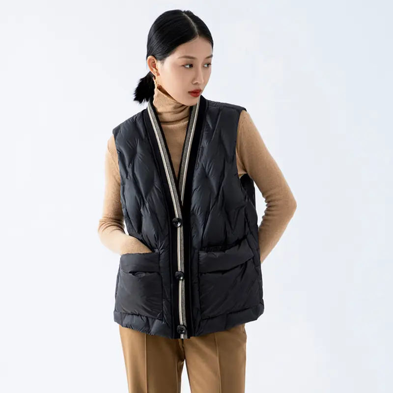 2024 diseño de moda alta calidad contraste gran V tejido cuello abajo chaqueta peso ligero pato abajo puffer chaleco Mujer