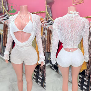 Conjunto Sexy de Outono em 3 Peças para Mulheres, Top Halter de Renda com Mangas Longas + Sutiã + Shorts, Conjunto de Três Peças para Vestuário Feminino de Outono - Product Image 1