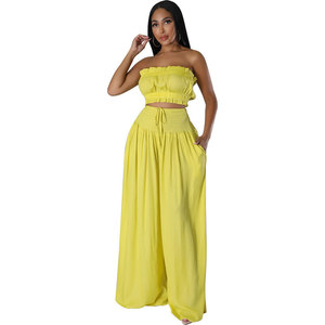 <span class=keywords><strong>Ensemble</strong></span> d'été plissé <span class=keywords><strong>ample</strong></span> pour femme, vente en gros, couleur unie, débardeur bustier et camisole sans manches avec dentelle ajustable - Product Image 2