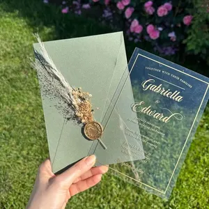 party quinceanera supplier green Floral luxury acrylic wedding invitations card envelope with Wax Seal and Dried Flowers