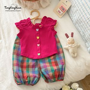 TongXingYuan Girls Summer Outfit Two Piece Set Rose Red Vest Plaid Pants Cotton Thin Checkered Solid Color Baby Clothes - Product Image 1